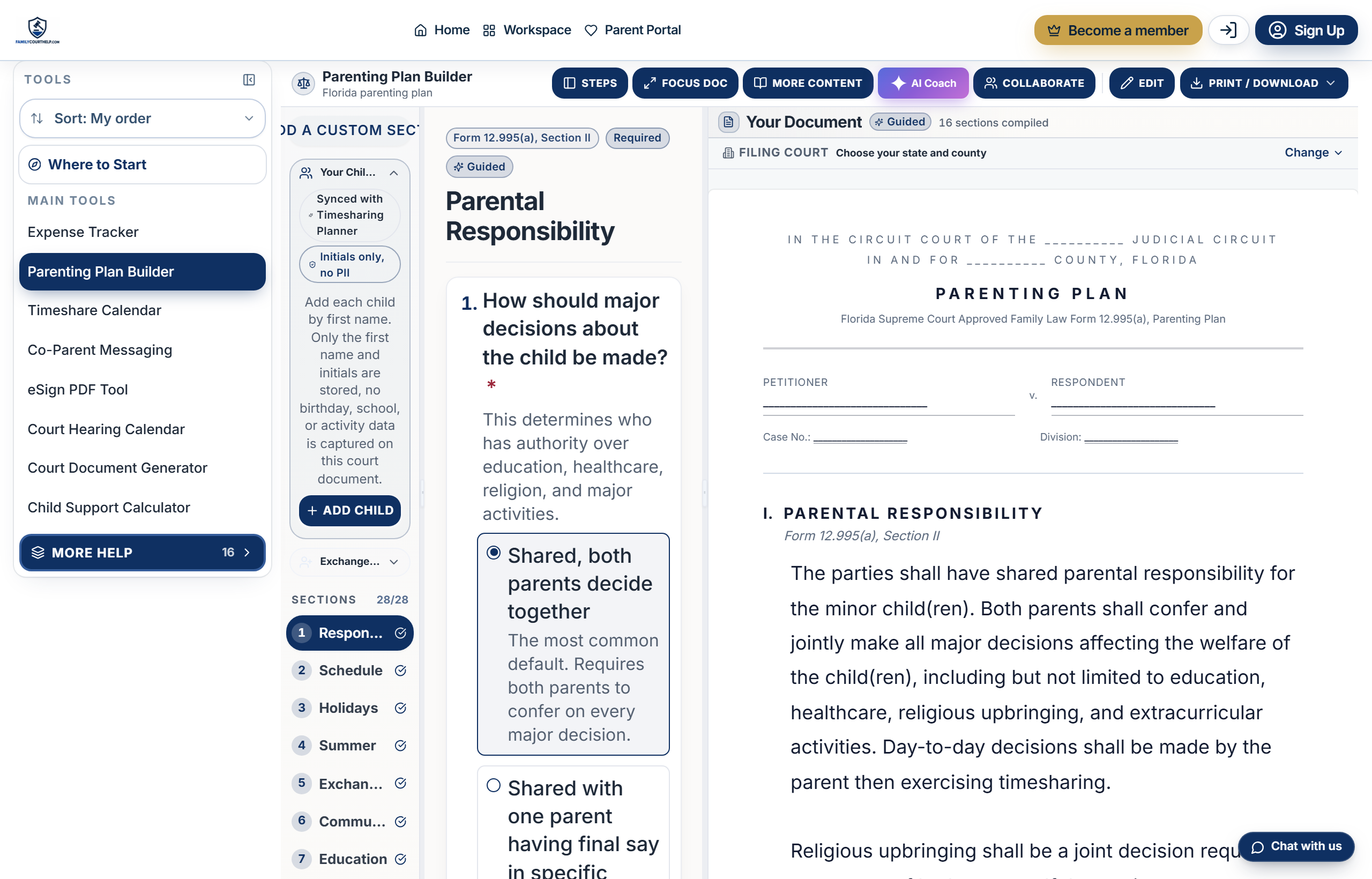 The Parenting Plan Builder on FamilyCourtHelp.com: a guided question panel on the left, a live court-ready parenting plan document on the right, and the full menu of tools.